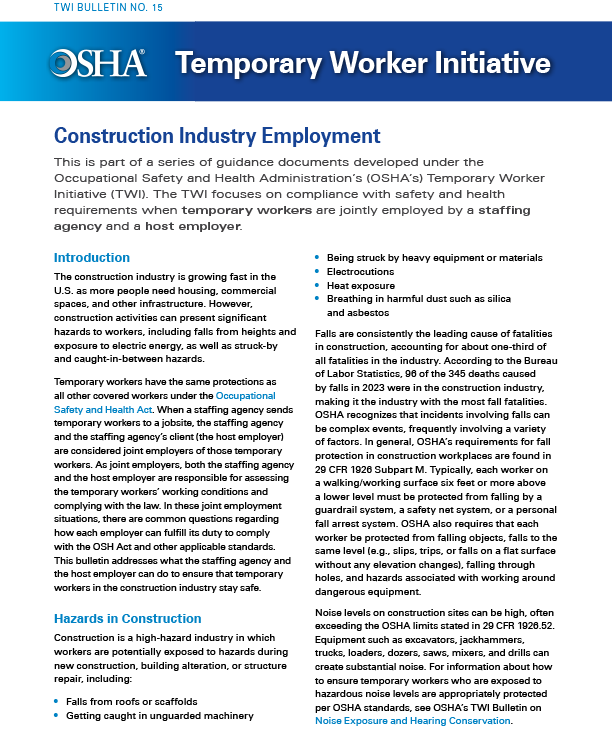 Temporary Worker Initiative (TWI) Bulletin No. 15 – Construction Industry Employment