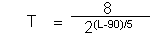 T = 8 divided by 2 (L minus 90) divided by 5