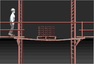 Figure 8. A load of bricks is placed on the platform, overloading it. A worker walked onto the platform and it collapses beneath him. The worker hangs onto the railing as the bricks and planking fall to the ground.