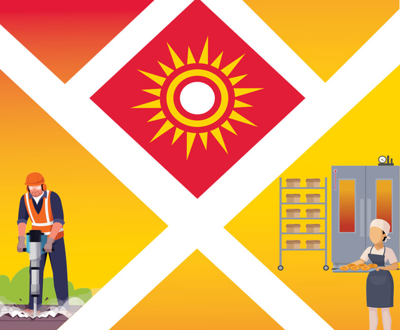 Heat safety graphic - sun, construction worker outdoors, bakery worker in kitchen