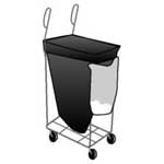 trash bag supported on an open frame cart with wheels.