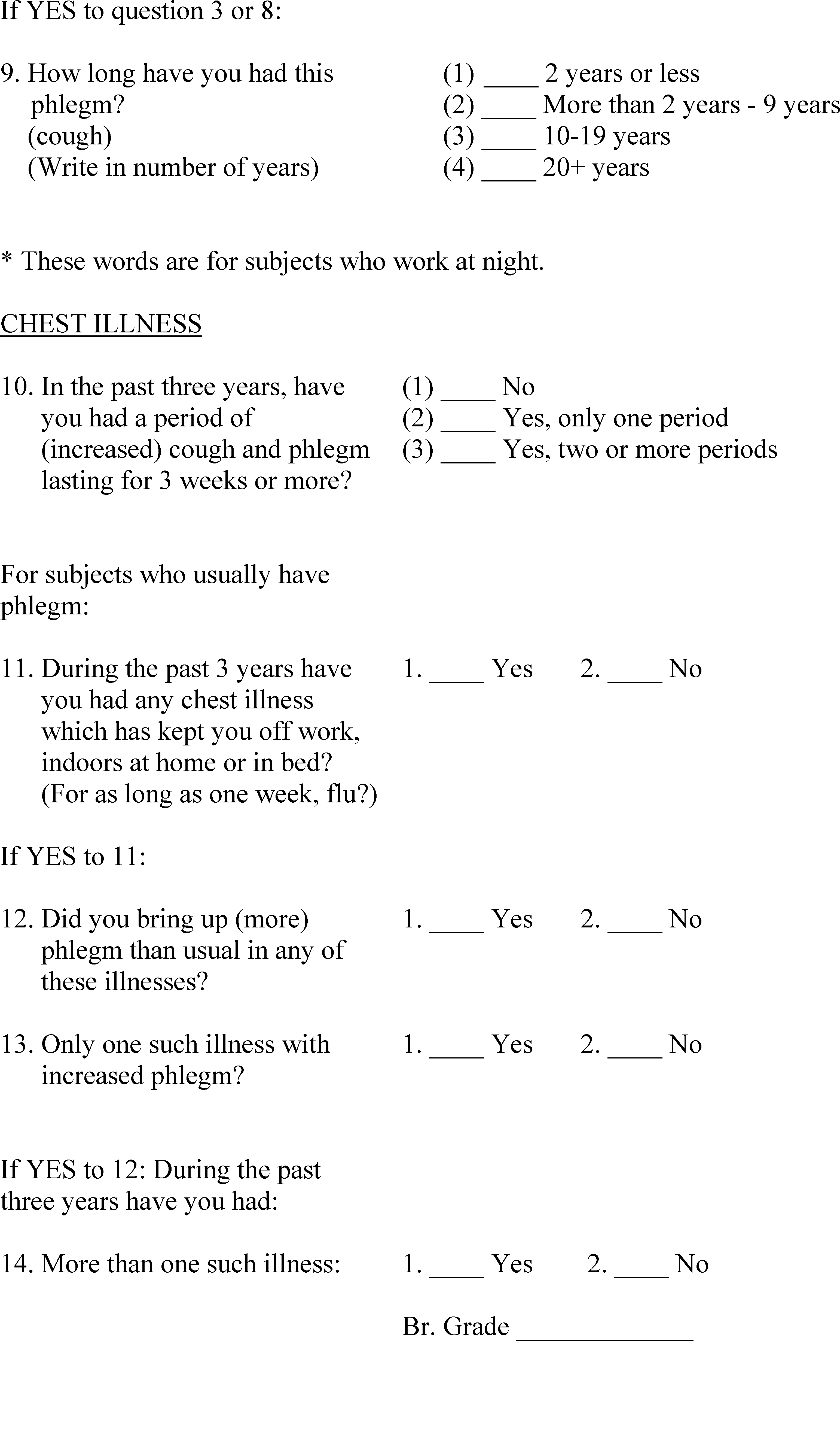 Respiratory Questionnaire for Non-Textile Workers for the Cotton Industry continued