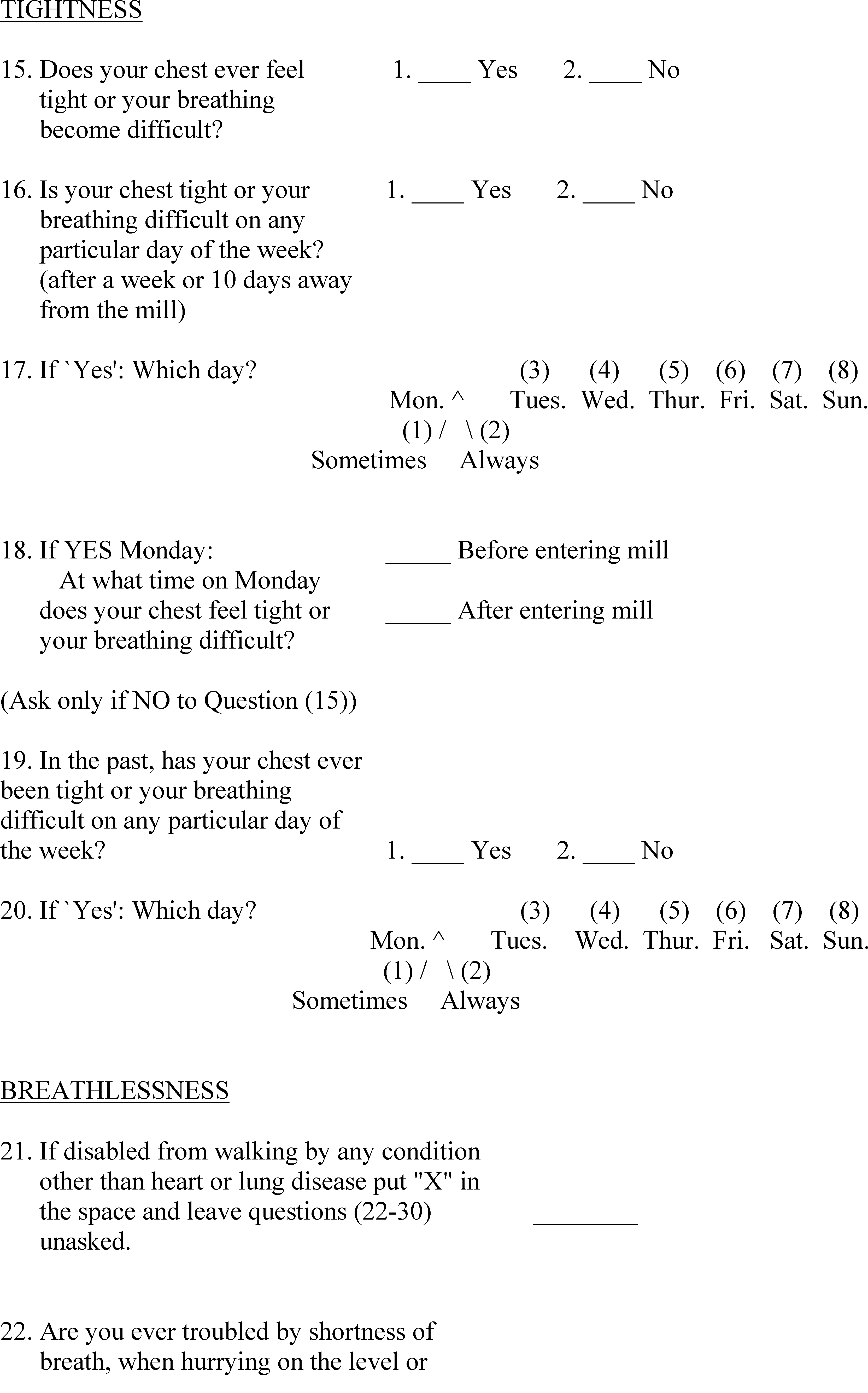 Respiratory Questionnaire for Non-Textile Workers for the Cotton Industry continued