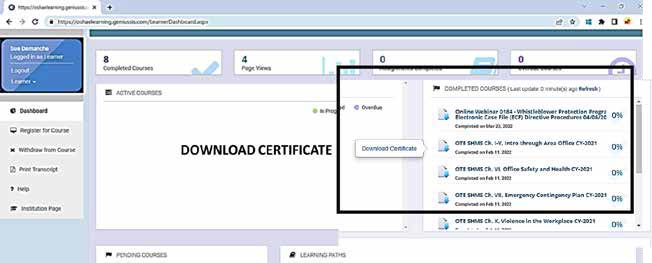 OSHA eLearning dashboard with completed courses highlighted