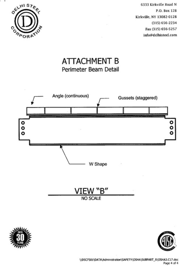Attachment 2 - perimeter beam detail of shop-installed plates extending vertically from the (extended) flange that pose a tripping hazard