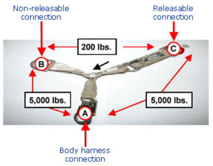 fall protection device called 'The Wishbone' showing a releasable restraint connection, a non-releasable connection, and a body harness connection