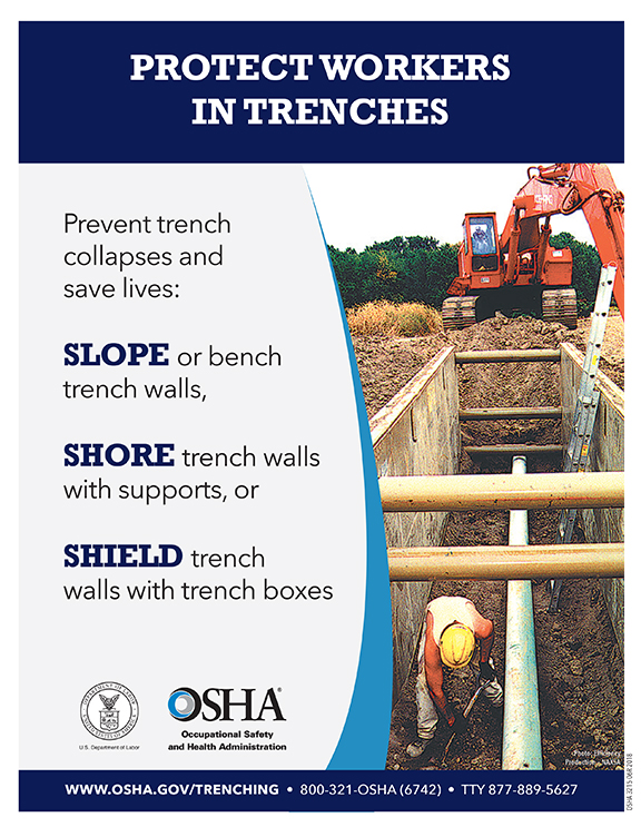 Protect Workers in Trenches - worker in trench that has protective measures to prevent cave-in