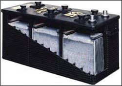Figure 2. This is a cutaway of an industrial battery showing the rugged plates, extra heavy grids and impact-resistant case.