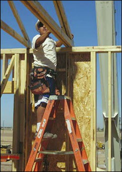 Figure 3 - Platform ladders can be set up inside a structure and used to install roof trusses. For problems with accessibility in using figures and illustrations, please contact the DOC at 202-693-2020.