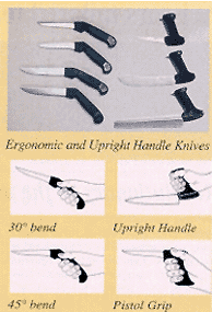 Images of ergonmic handle knives, with images of knives showing a 30 degree bend, upright handle, 45 degree bend, and pistol grip