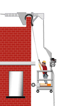 Figure 13. Upon the scaffold sticking, the roof the scaffold is attached to crumbles and collapses. Debris tumbles down onto the worker and the scaffold drops downward.