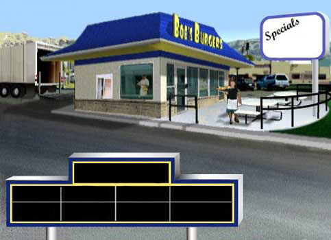 Image of a fast food restaurant, Bob's Burgers. Workers are visible cooking, cleaning and serving food.