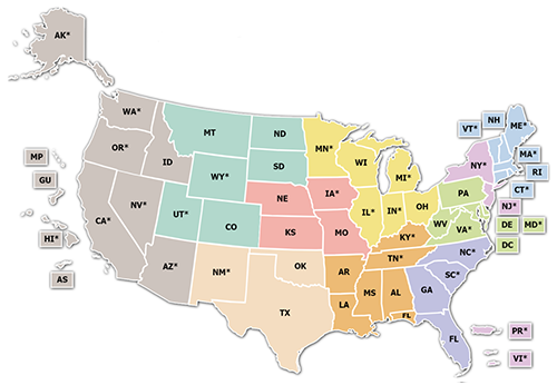 United States map colored by OSHA Region
