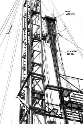 Fig. 4. Sucker rods. Figure shows a section of a well with arrows pointing out sucker rods hanging from a rod hanger.
