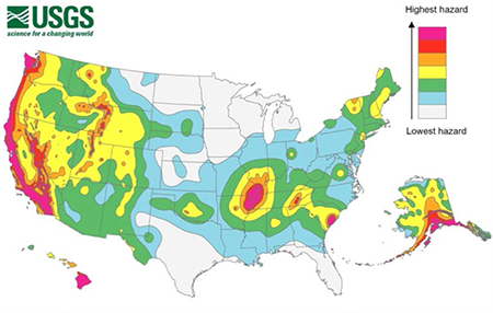 2014 USGS National Seismic Hazard Map, displaying intensity of potential ground shaking from an earthquake in 50 years (which is the typical lifetime of a building)