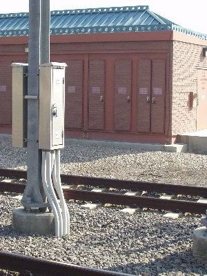 Figure 15. Power runs from the substation underground to the poles where power is delivered to the power lines. The circuit is completed through the train tracks, with lines returning to the substation.